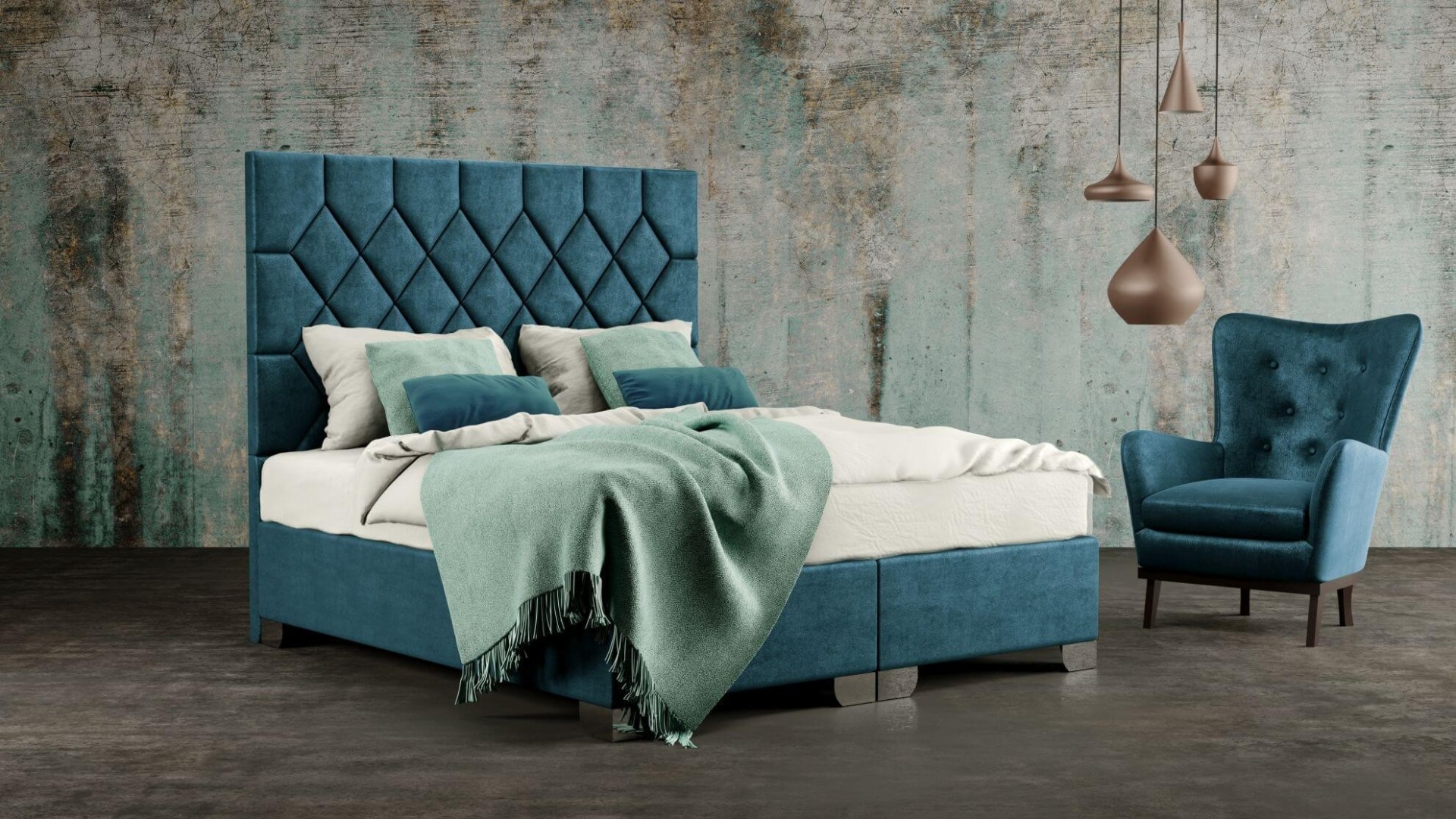 Materasso RHOMBUS - designová čalouněná postel s vysokým čelem (typ potahu A) 100 x 200 cm, celočalouněná + MDF deska