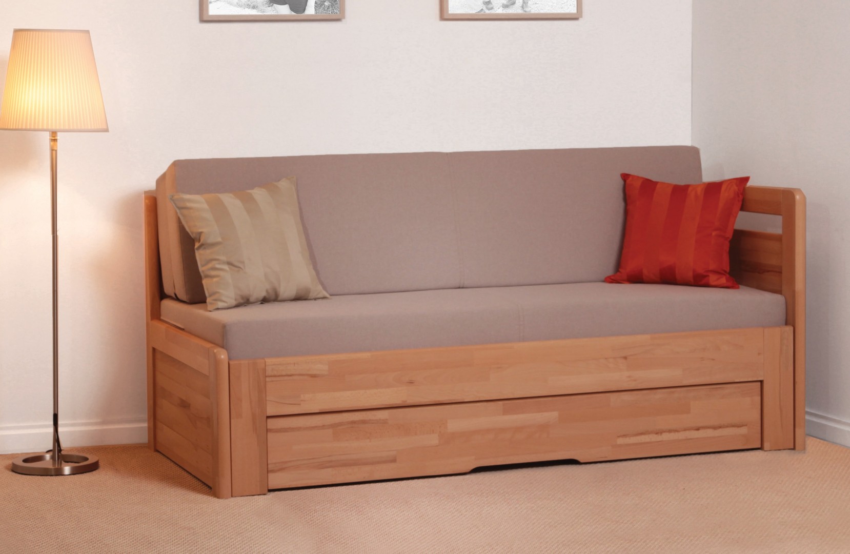 BMB TANDEM ORTHO bez roštů 90 x 200 cm - rozkládací postel z masivního dubu s pravou područkou, dub 