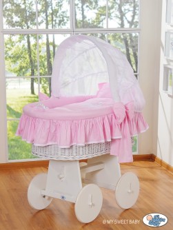 GLAMOUR BÍLÝ - proutěný košík  pro miminka, na kolečkách, se stříškou - RŮŽOVÉ POVLEČENÍ